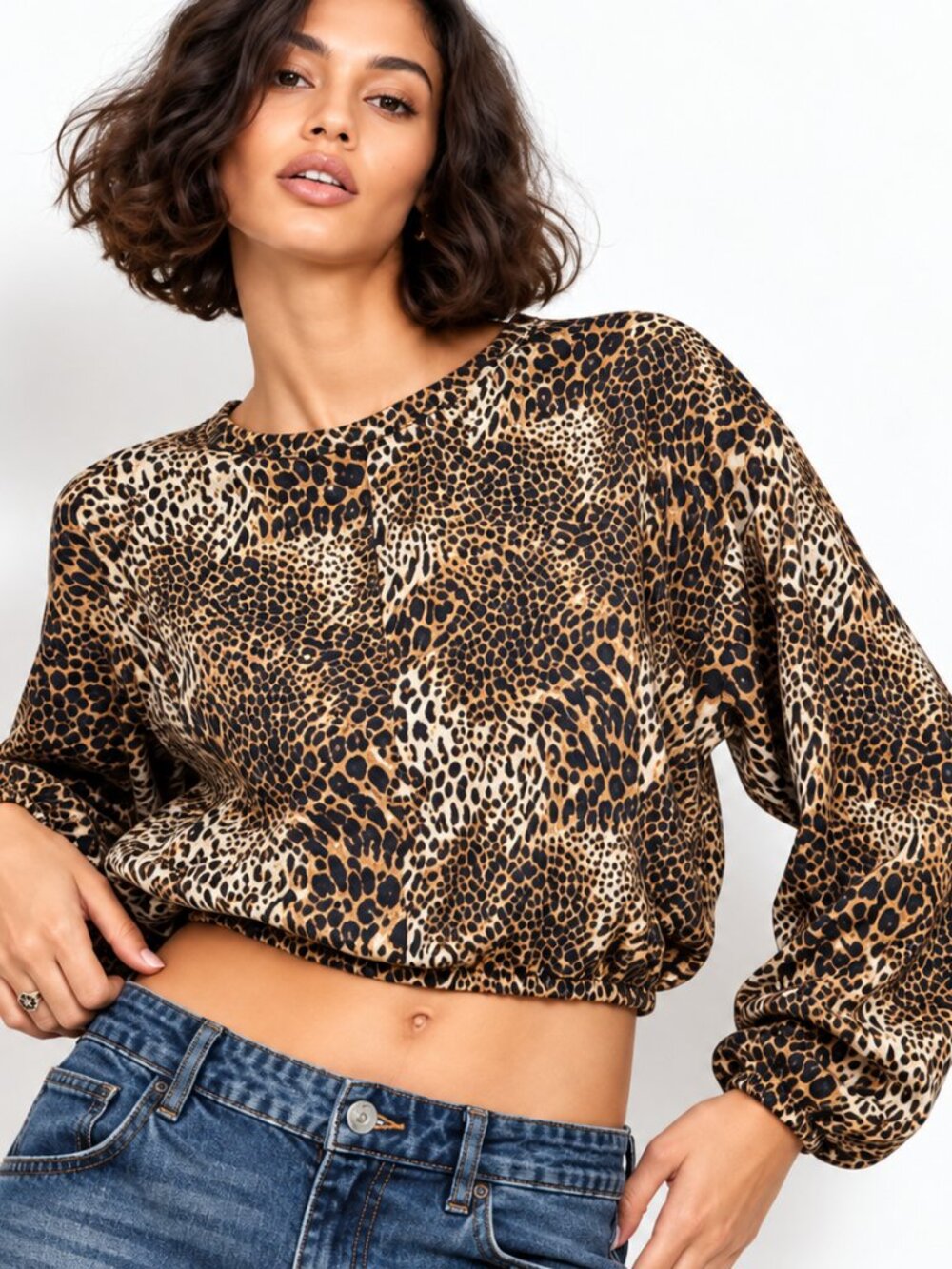 Zara Trafaluc Crop Top Womens S Leopard Animal Print Long Sleeve Blouson